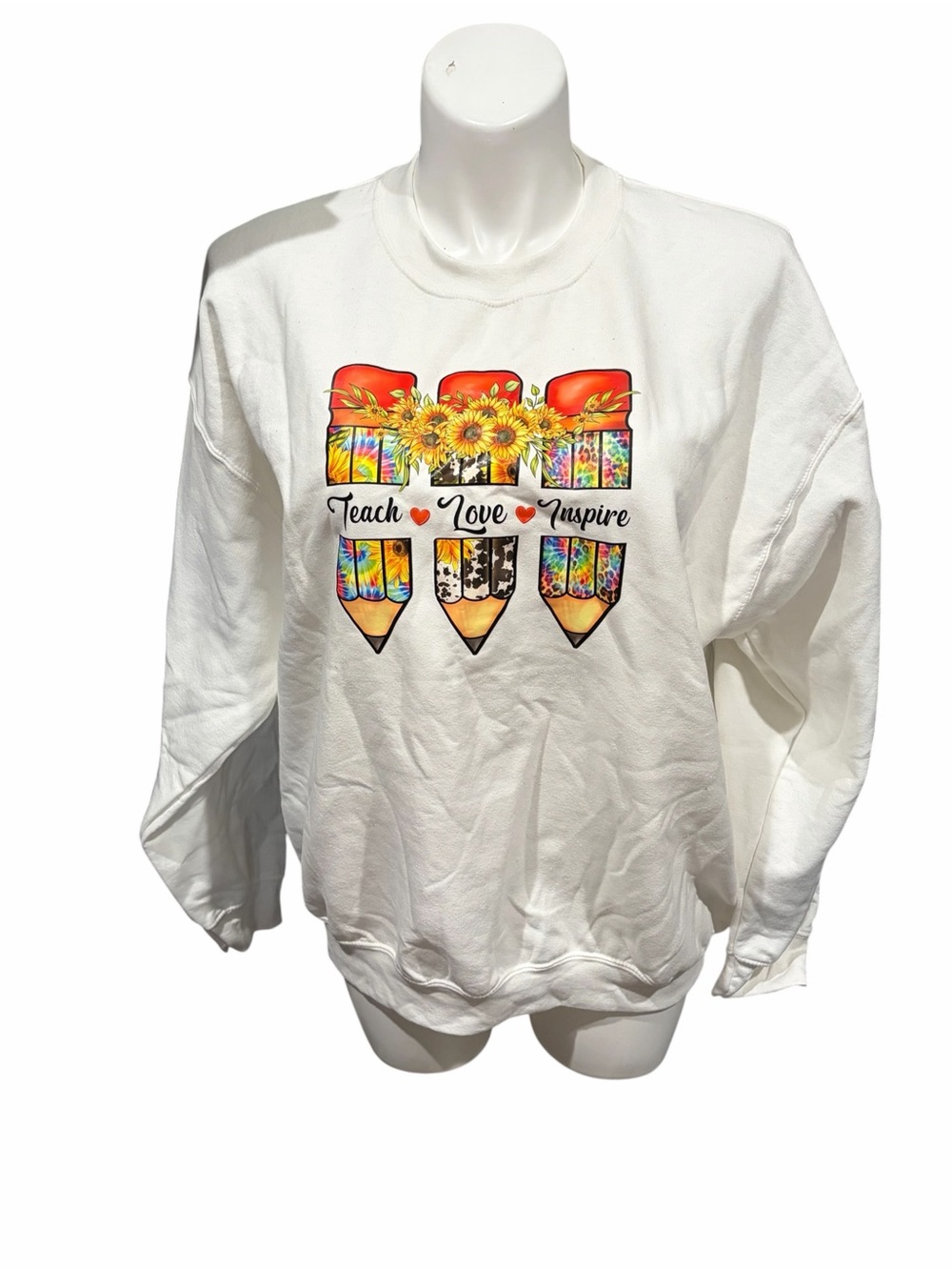 Teacher Teach Love Inspire Sunflower Pencil Sweatshirt White XL